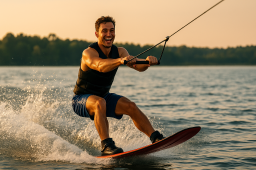 مردی در حال ویک‌بوردینگ روی سطح آب در زمان غروب خورشید با چهره‌ای شاد، نماد تاثیر ورزش‌های آبی بر کاهش استرس و افزایش نشاط و سلامت روان.